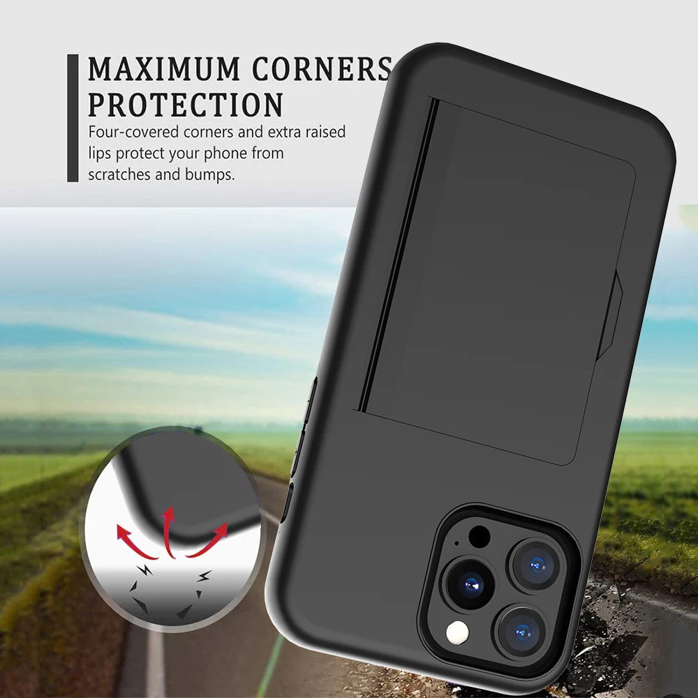 Rugged Dual-Layer iPhone Case with Hidden 3 Cards Slot