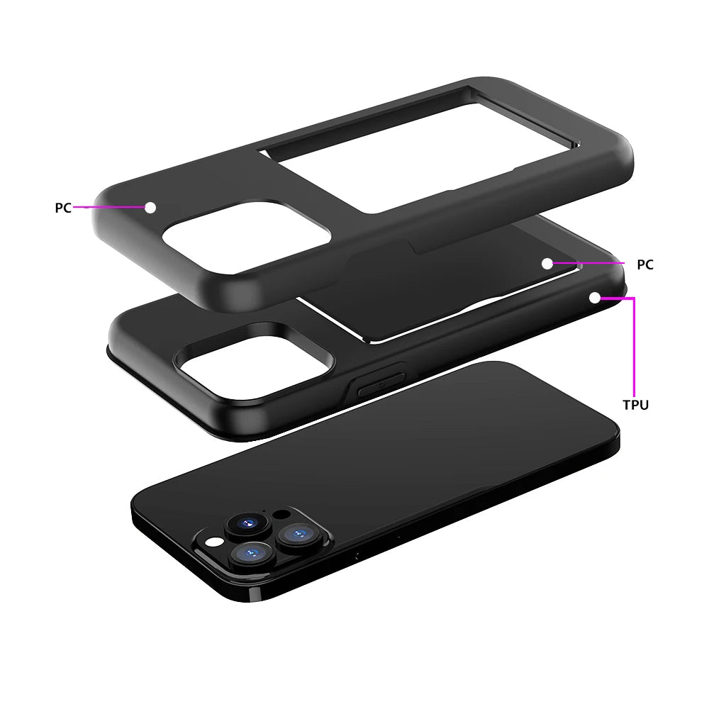 Rugged Dual-Layer iPhone Case with Hidden 3 Cards Slot
