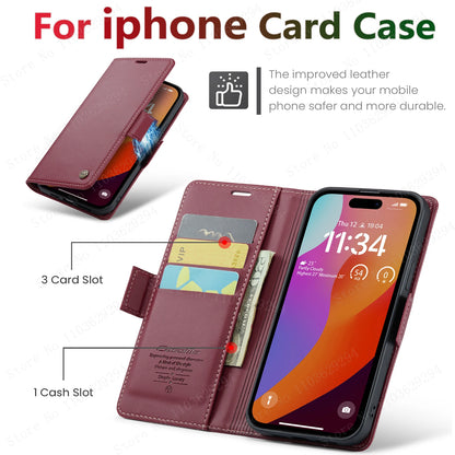 iPhone RFID Blocking Litchi Texture Phone Cover Leather Stand Wallet Case