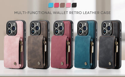 Retro Leather Wallet Case For iPhone Luxury Zipper Card Slots Holder Cover