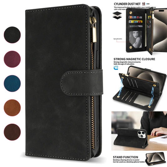 Multi-Card Leather Wallet Case with Kickstand & Magnetic Closure for iPhone