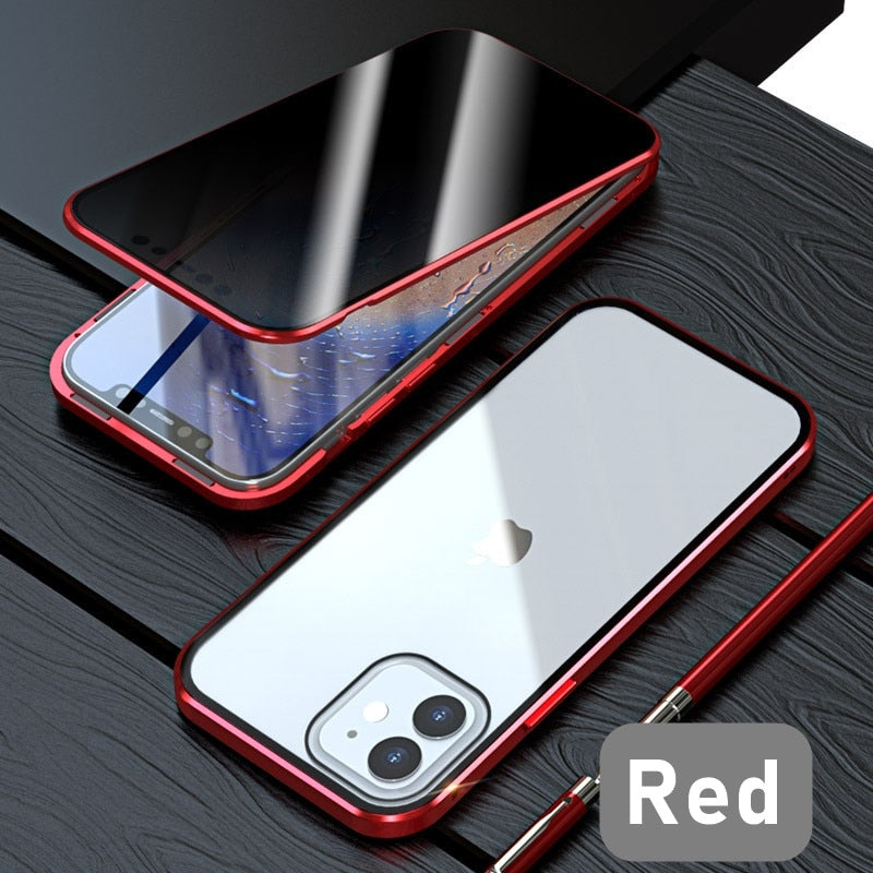 Privacy Magnetic Case For iPhone with Magnet Metal Tempered Glass Cover