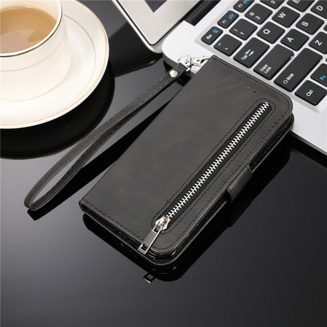 PU Leather Zipper Flip Wallet Case For iPhone